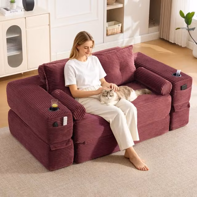 Divano Letto 2 Posti ¨C MINIMAL ¨C Tessuto a Coste, Cuscini Memory, con Tasche e Portabicchieri
