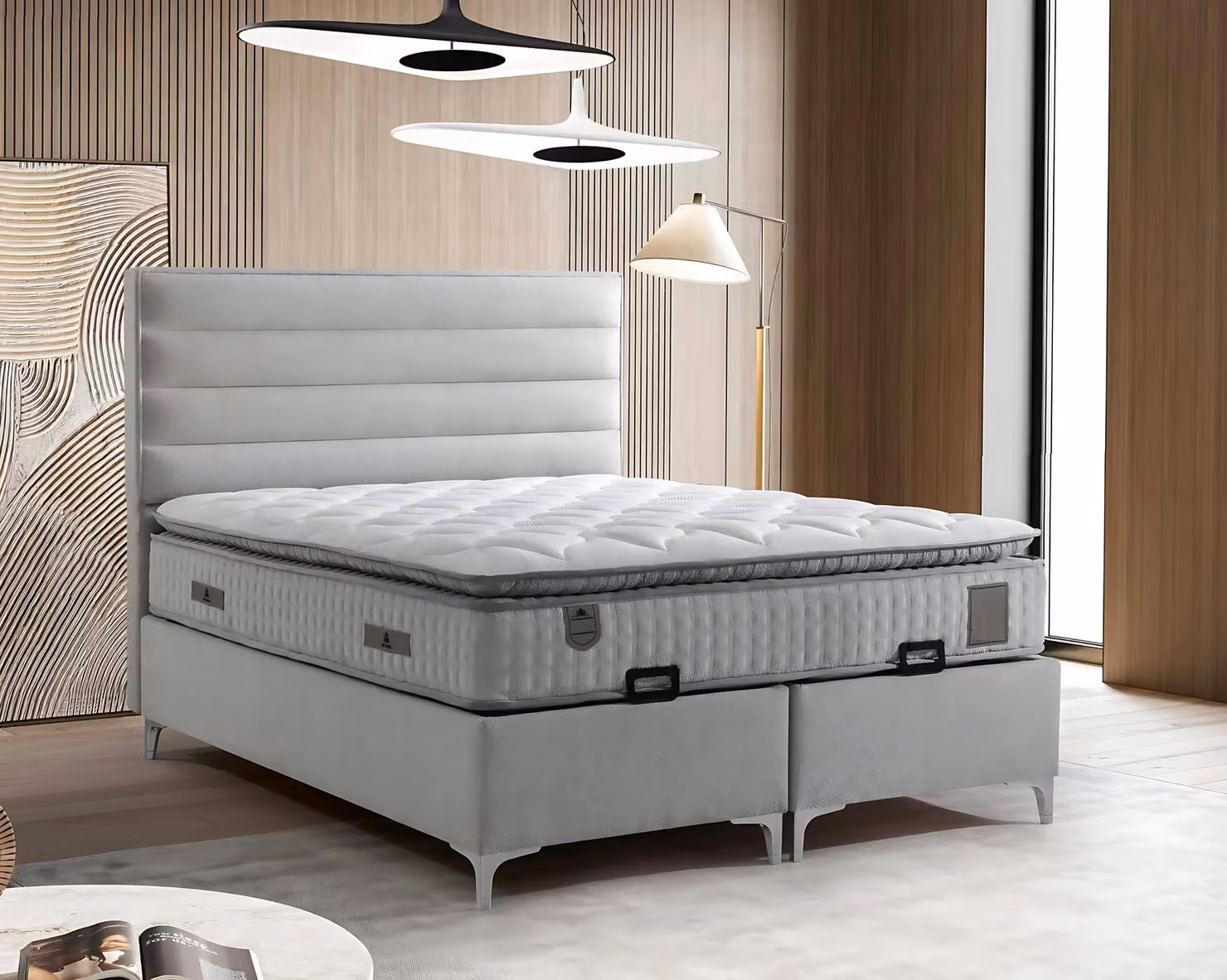 Modern graues Textilbett mit Matratze in elegantem Design