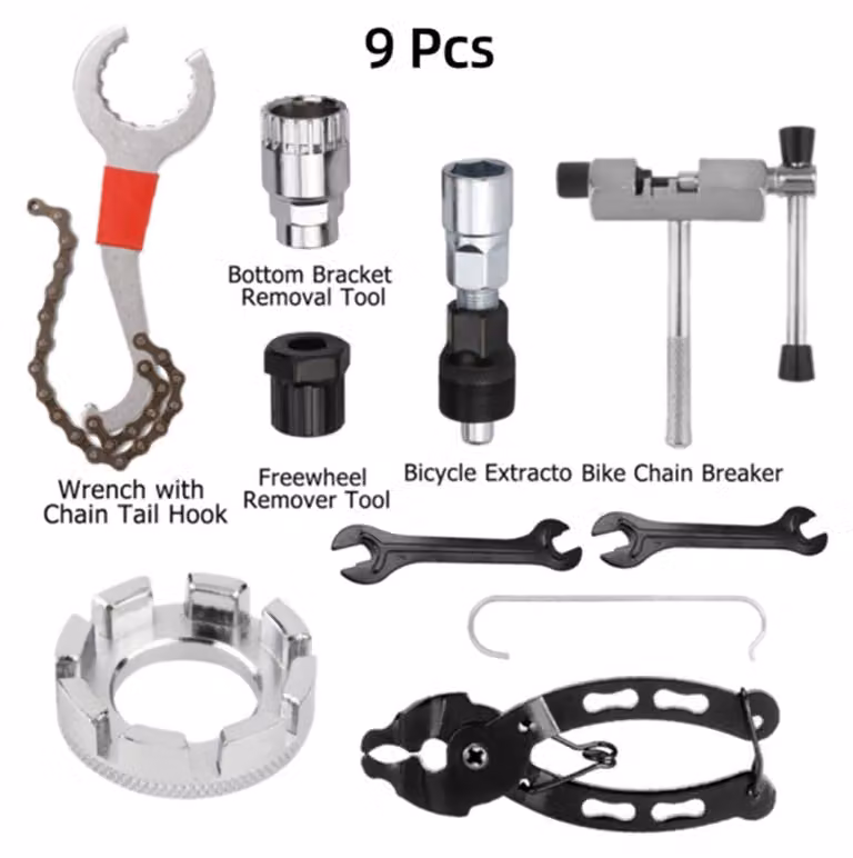 Kit di riparazione per biciclette da 9 pezzi, con utensili multifunzionali