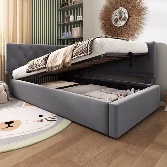 Letto imbottito 90x190 cm con contenitore idraulico in velluto grigio