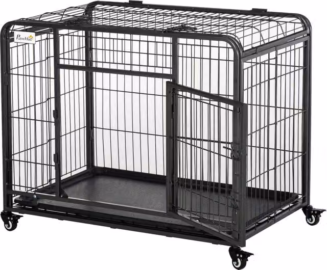Kennel per cani pieghevole a doppia porta con blocco, dotato di 4 ruote con freno e fondo rimovibile, Grigio, L: 94 cm, P: 58 cm, H: 69.5 cm