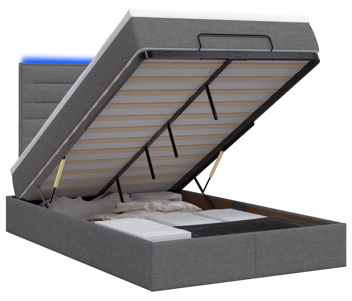 Panca contenitore con materasso e illuminazione LED, colore grigio scuro, dimensioni 120 x 200 cm, rivestita in tessuto