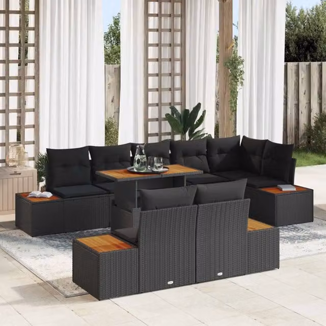 Set Divano da Giardino a Forma a U vidaXL in Rattan Nero con Tavolino e Cuscini