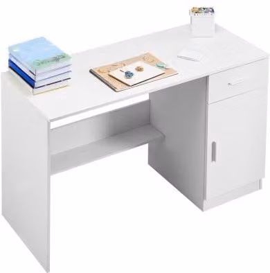 Scrivania VEVOR in legno con ripiano regolabile e cassetto, tavolo da lavoro rettangolare moderno per ufficio o camera da letto, Bianco