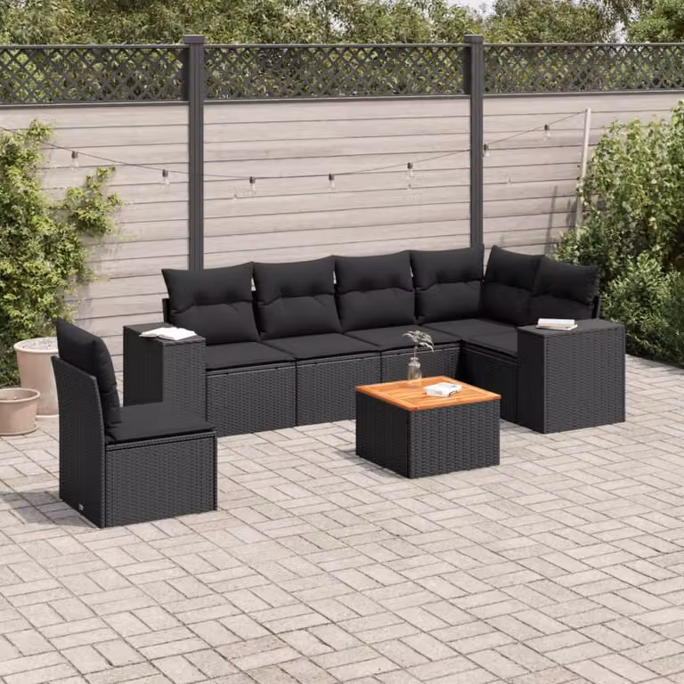 Set Divani da Giardino a L vidaXL in Polyrattan Nero con 7 Cuscini e Tavolino da Esterno
