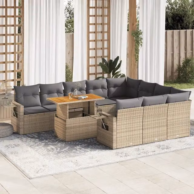 Set di divani da giardino vidaXL in polyrattan con cuscini beige e tavolo da caffè, composto da 11 pezzi con struttura in legno di acacia e metallo