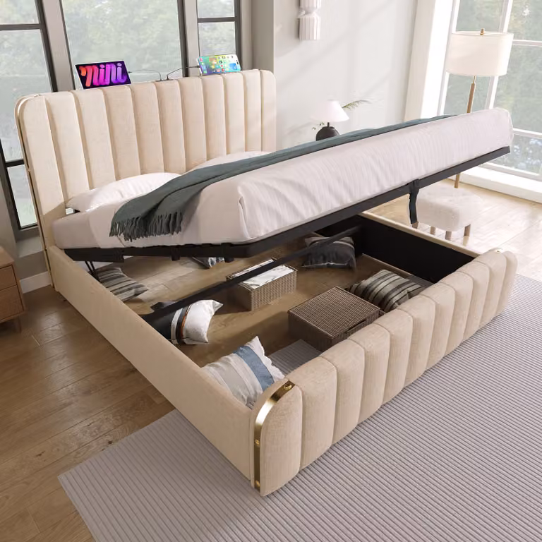 okwish letto a molle imbottito 140 x 200 cm con testata imbottita con finiture dorate e funzione di ricarica USB tipo-C, letto idraulico con contenitore per la rete (senza materasso) - Beige