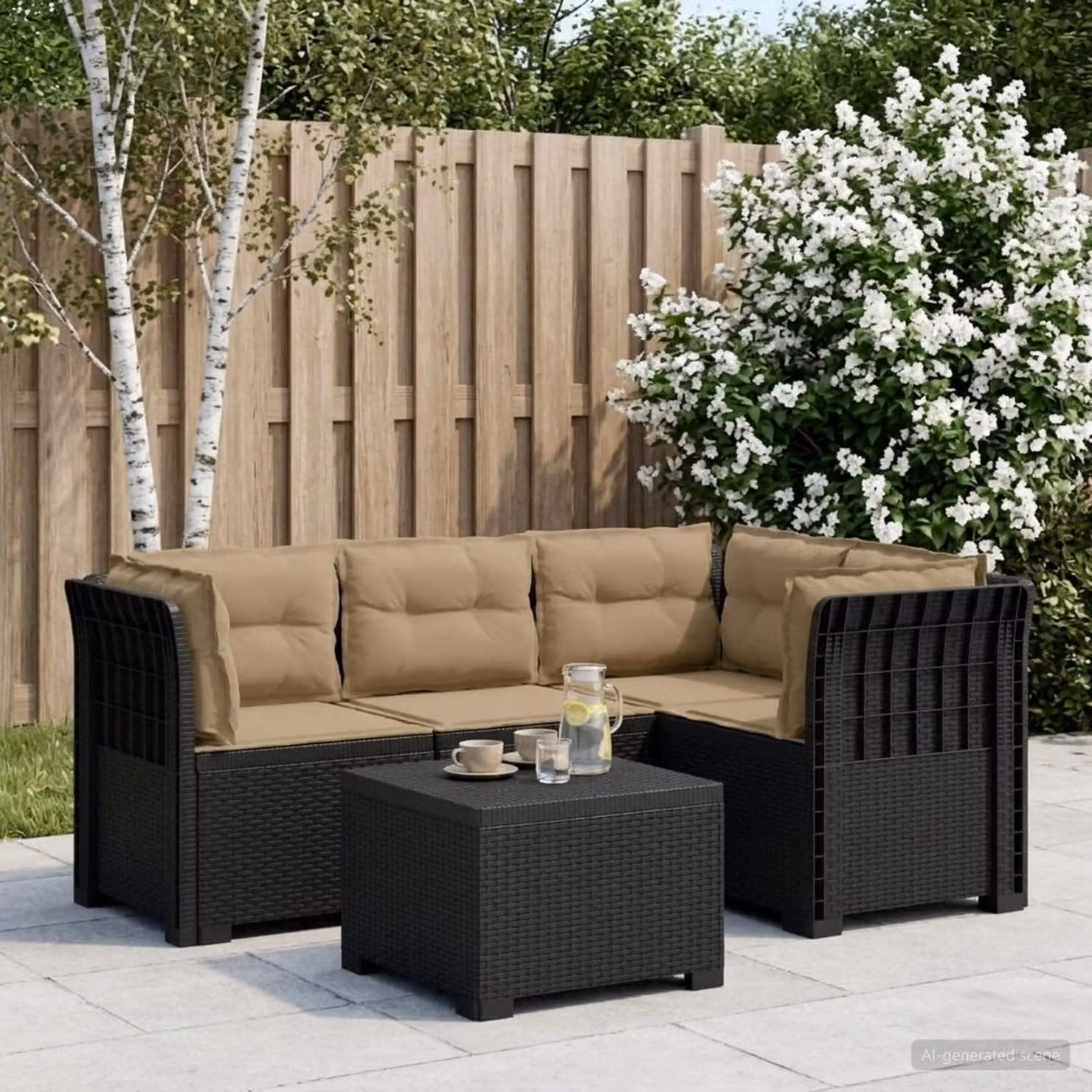 Set da giardino vidaXL con divano angolare a L, tavolo da caffè e cuscini in polyrattan, resistente alle intemperie