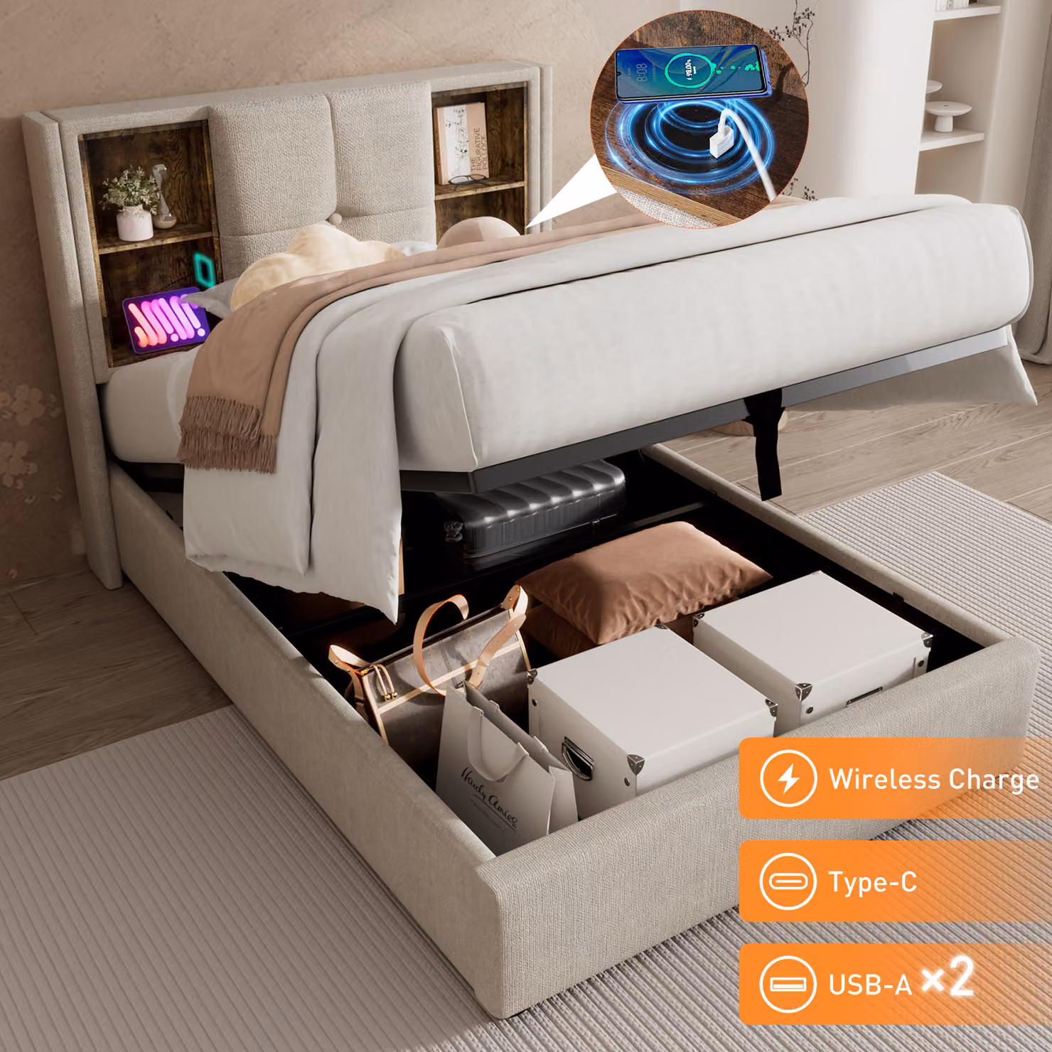 Letto singolo Sweiko con ricarica wireless USB C, rete imbottita 90x200cm, rete con contenitore a doghe in legno-lino naturale (senza materasso)