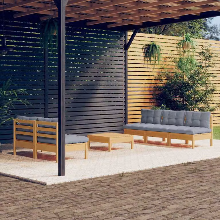 Set da giardino vidaXL composto da 6 pezzi con divano a L, tavolino e pouf in legno massello di pino trattato e cuscini grigi