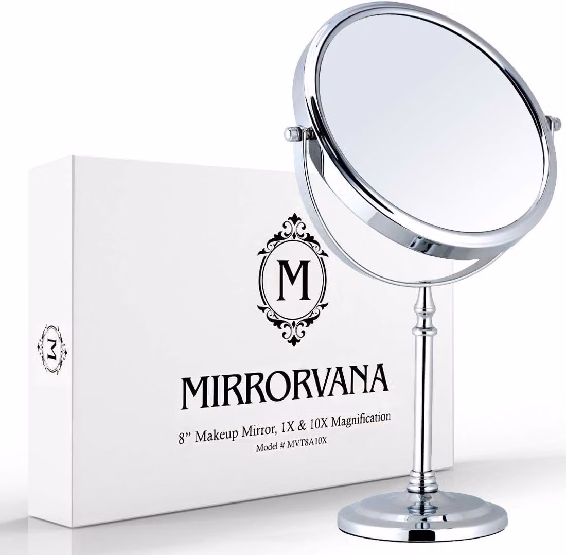 Specchio cosmetico ingrandente – Specchio trucco e specchio da barba, entrambi su un lato – Modello da tavolo autoportante – Rotazione a 360° (20 cm, cromato)