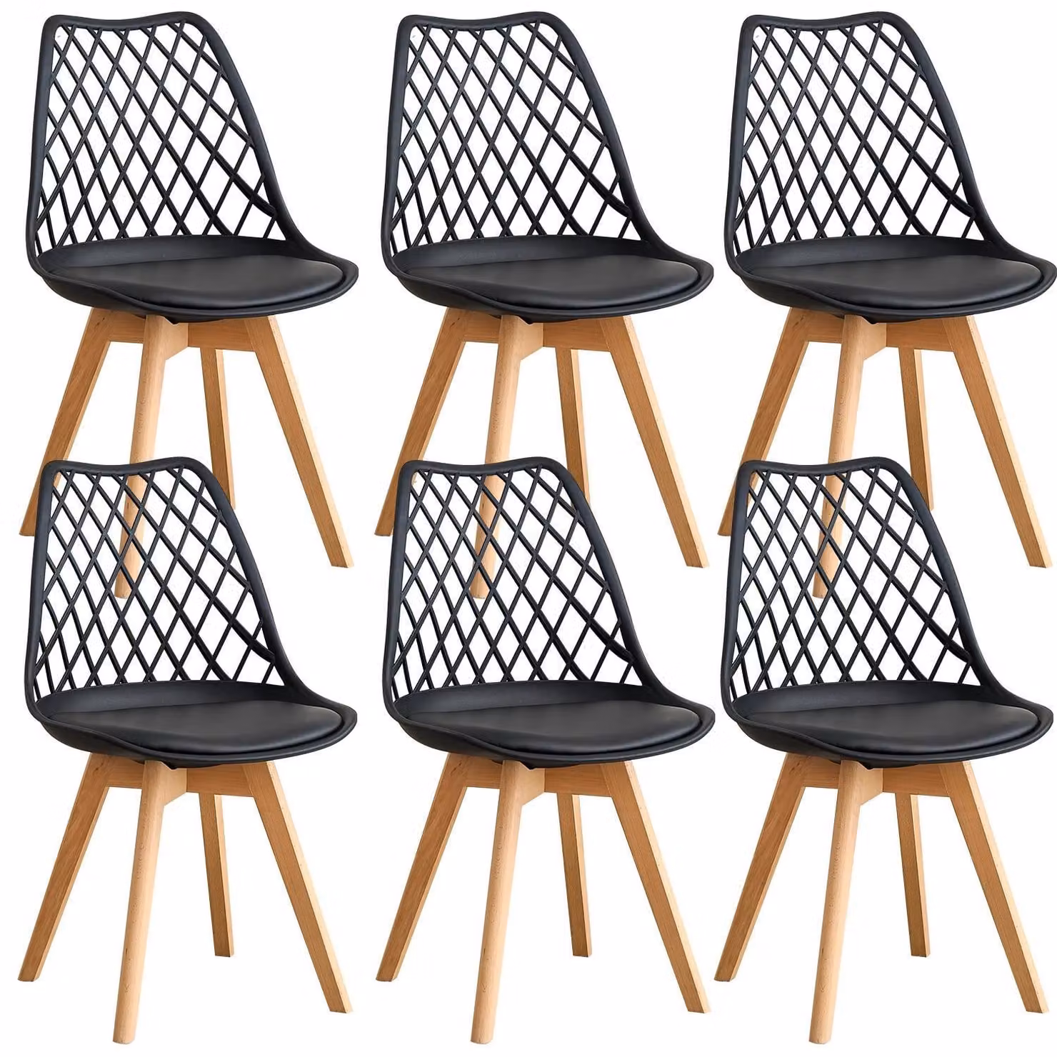 Sedie da pranzo - Set da 6 - Pelle finta - Seduta imbottita - Struttura in plastica - Senza braccioli - 82×55×48 cm - Nero