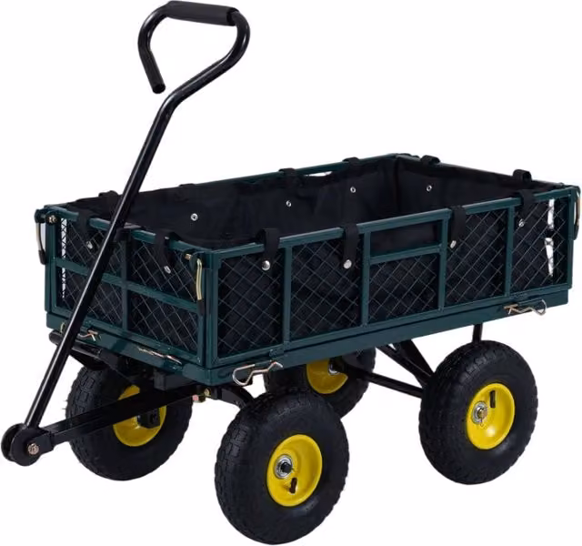 Carrello da giardino pieghevole 2 in 1 in metallo verde con manico regolabile e borsa portaoggetti, portata 408 kg