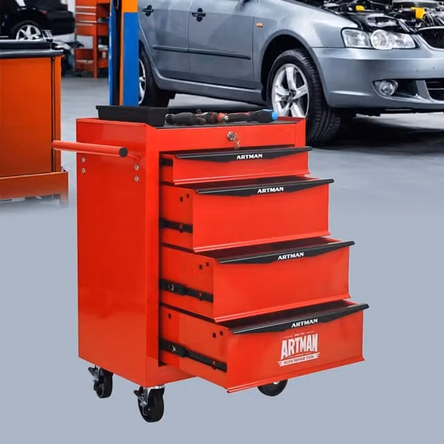 Carrello portautensili REDOM in acciaio con 4 cassetti, colore rosso e nero, L: 60 cm, P: 33 cm, H: 77,5 cm – 1