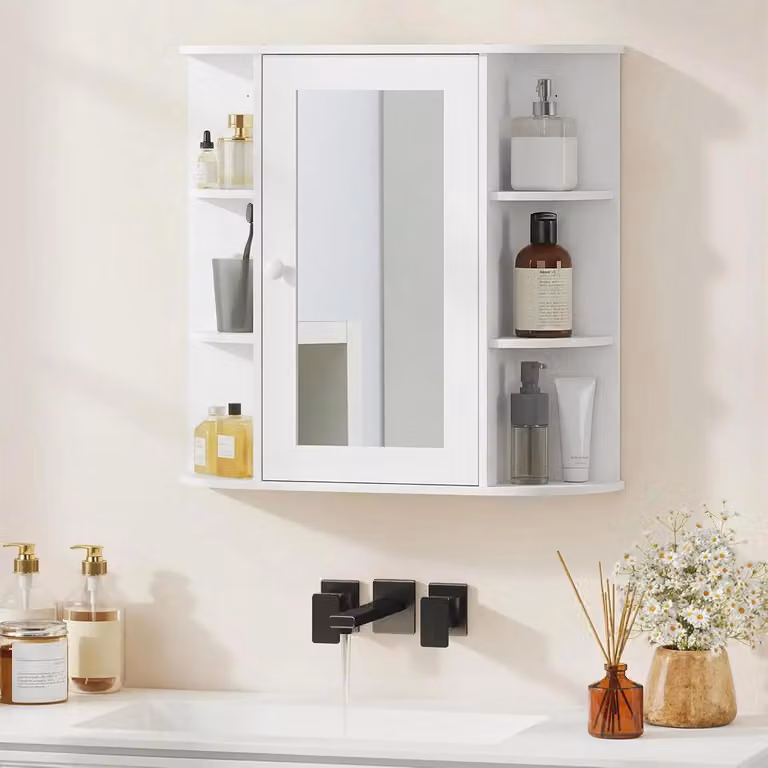 Armadietto a specchio per bagno - Armadietto da parete con specchio - Vano portaoggetti - MDF - 60x16x58 cm - Bianco