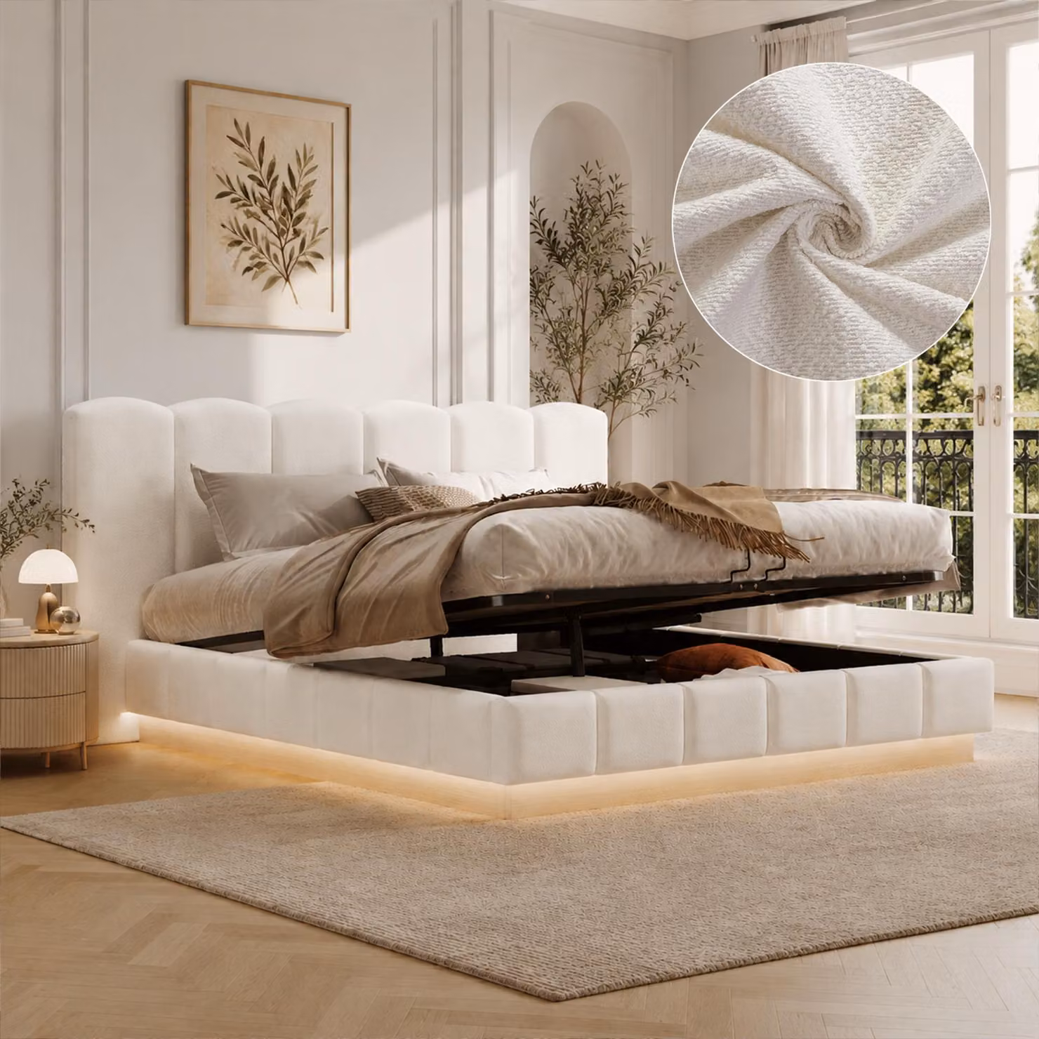 Letto imbottito Flieks, 180x200 cm, con rivestimento in ecopelle. Letto a scomparsa per ragazzi, matrimoniale, con spazio contenitore. Letto contenitore in legno con testiera imbottita, rivestito in tessuto bouclé, colore bianco