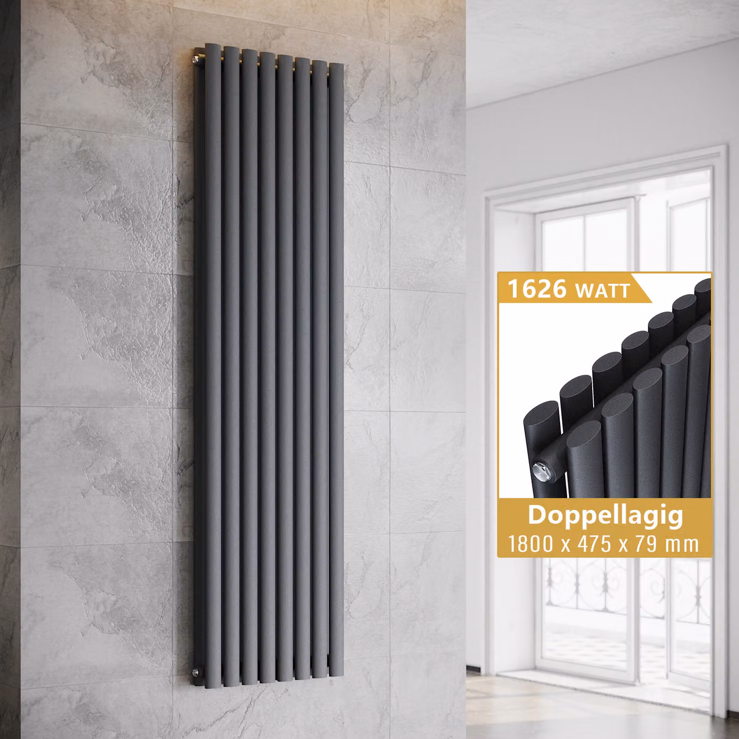 SONNI Radiatore a piastre verticali, radiatore a tubi a doppio strato, colore antracite, dimensioni 1800x475 mm, senza resistenza riscaldante