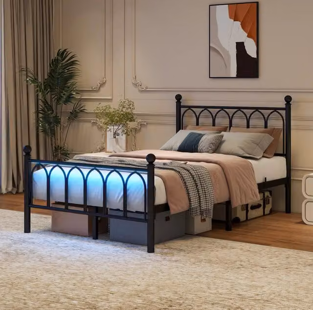 Letto singolo MODFU in metallo nero con illuminazione LED e porta USB, L/P/H: 120 x 200 x 102 cm