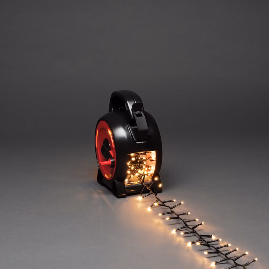 Konstsmide Micro LED Compactlights con avvolgicavo, 300 diodi bianco caldo, 30V, per esterni (IP44), cavo nero - 3843-100