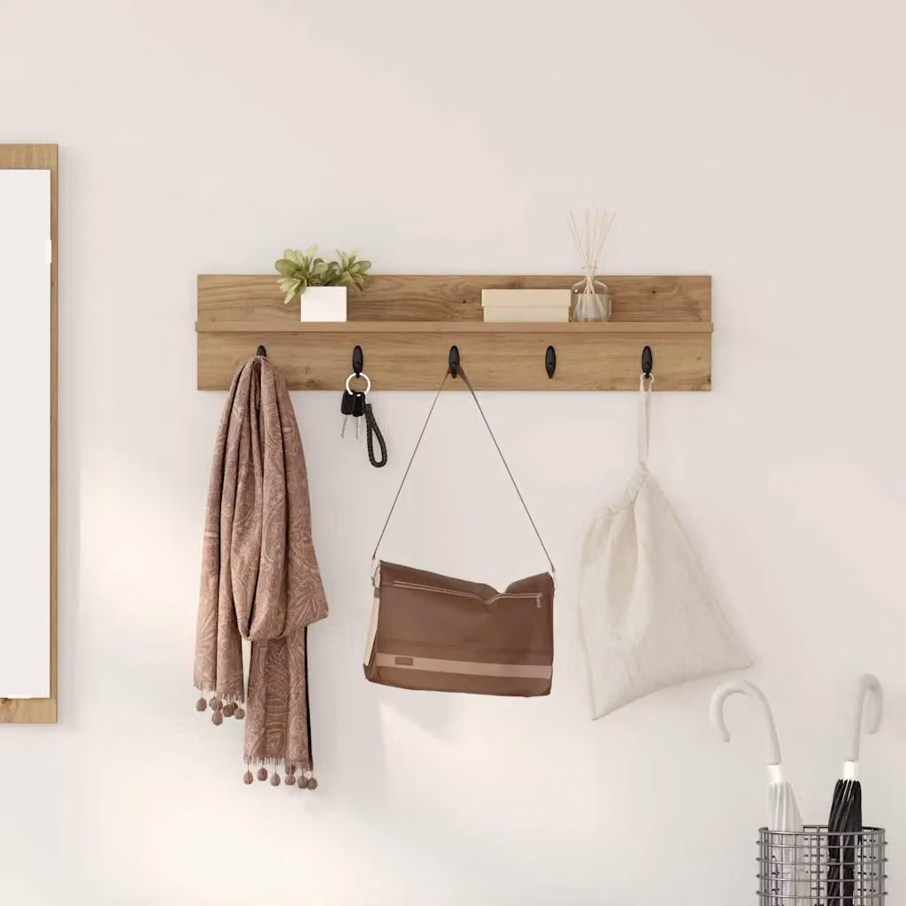 Appendiabiti a muro vidaXL in legno Rovere marrone con ganci distribuiti per corridoio, L: 80 cm, H: 10,5 cm, P: 5 cm