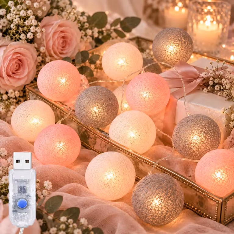 Catena luminosa a LED a forma di palline di cotone, alimentazione USB, 20 LED, 3 metri, con timer, luce bianco caldo