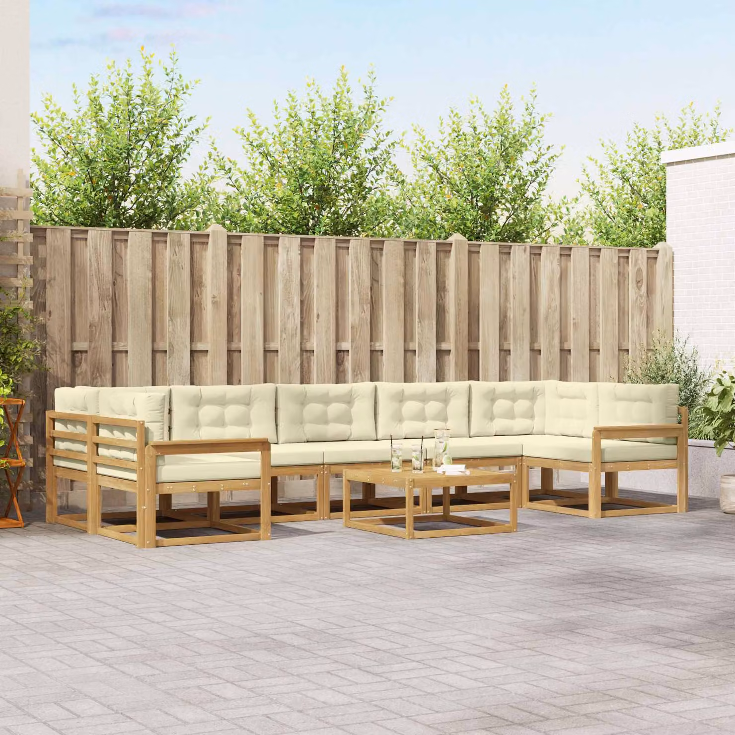 vidaXL Set di divani da esterno a L in legno di acacia con tavolo da caffè, 6 pezzi, Bianco e Beige
