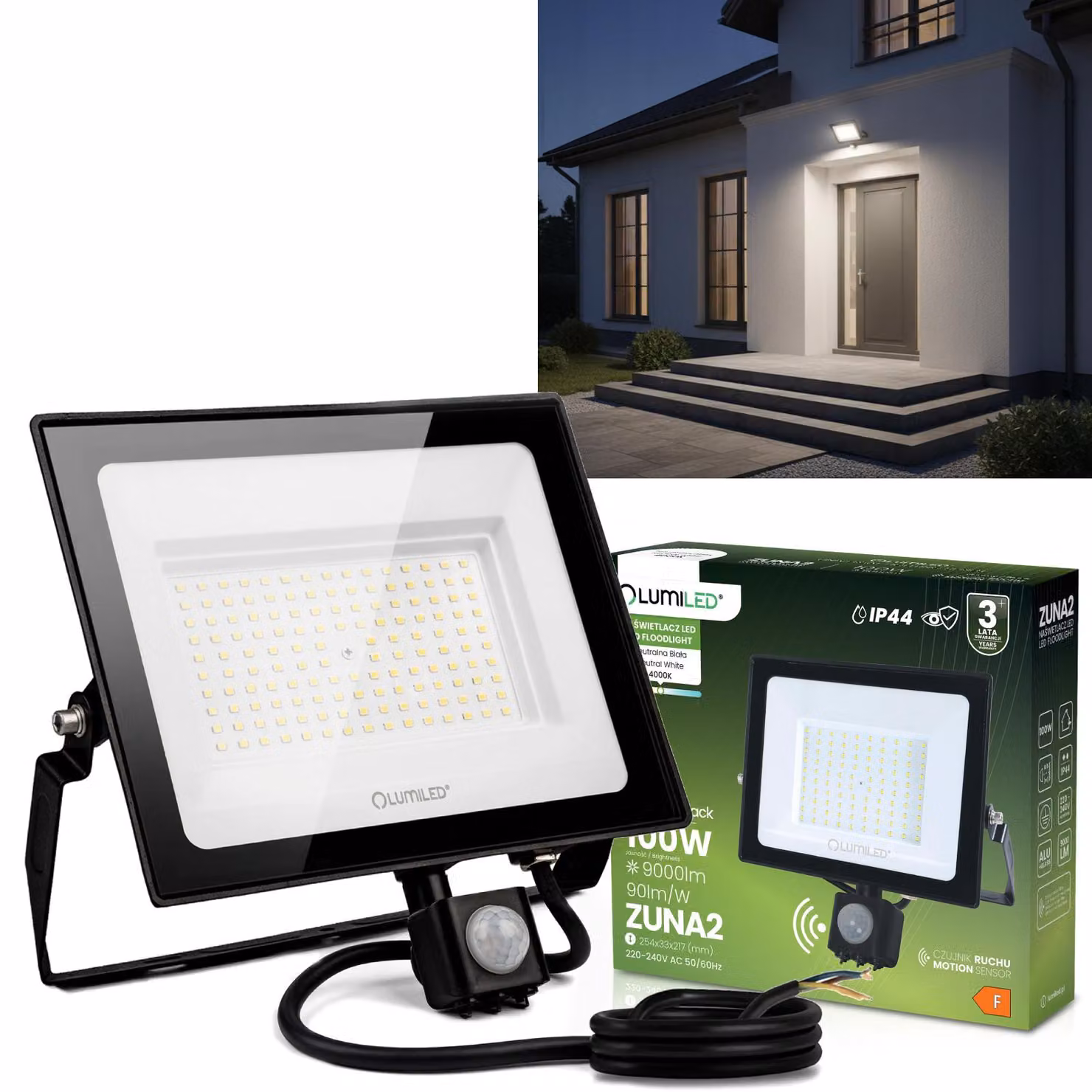Faretto LED LUMILED da esterno 100 W con sensore di movimento, 9000 lm, IP44, resistente agli spruzzi d'acqua, faretto da esterno, proiettore, 4000 K, bianco neutro, illuminazione per giardino, cortile, garage, cantiere, faretto da parete, nero
