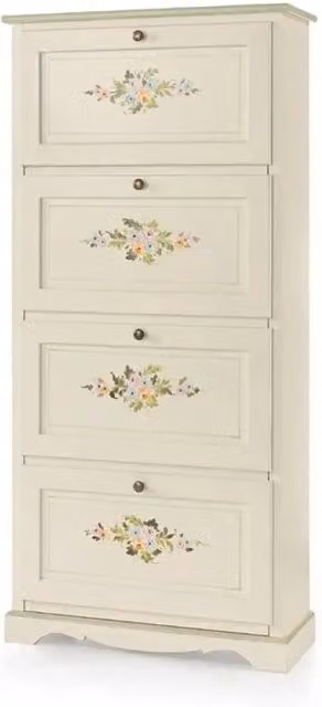Scarpiera 4 ante capacità 28 paia di scarpe in stile arte povera in legno massello e mdf con rifinitura in bianco decorata 79x30x170 H