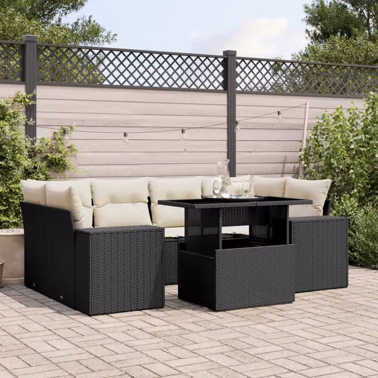 Set Divani da Giardino a L vidaXL con 7 Cuscini Moderni in Polyrattan e Acciaio Nero
