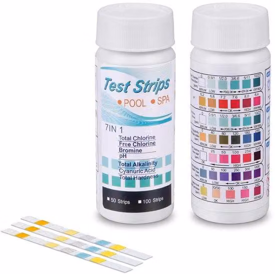 Strisce reattive 7-in-1 per testare l'acqua di piscine e vasche da bagno - 100 strisce per testare l'acqua delle piscine - Strisce per testare l'acqua delle vasche idromassaggio - Misurano: durezza totale, cloro totale, bromo, cloro libero, pH, acido cian