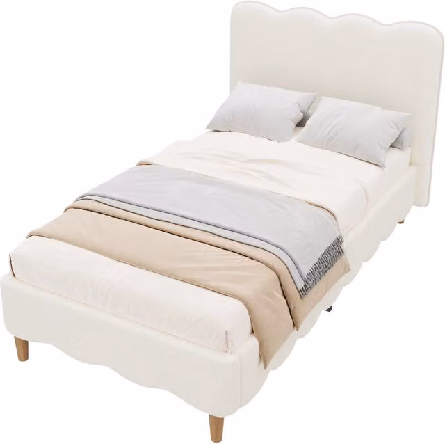 Letto singolo per bambini 90x200 in bouclé bianco con rete a doghe e testiera， senza materasso