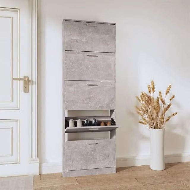 Scarpiera Design Mania Grigio Opaco in Legno con Scomparti Basculanti e Ripiani Interni, L: 59 cm, P: 17 cm, H: 169 cm
