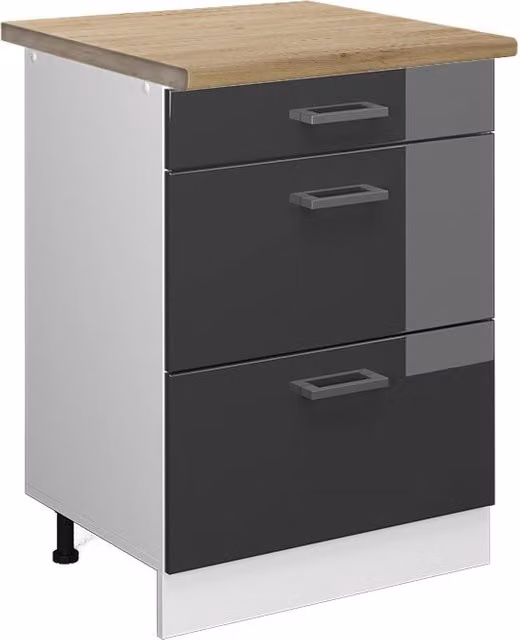 Mobiletto base per cucina R-Line Antracite lucido/Bianco 60 cm con cassetti, PL Rovere Vicco