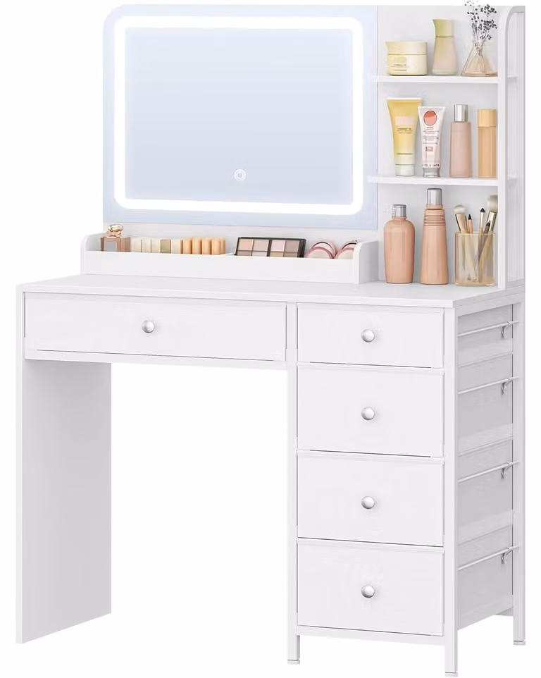 Comò da trucco con illuminazione a LED, ampio specchio HD, 5 cassetti, 2 ripiani, colore bianco