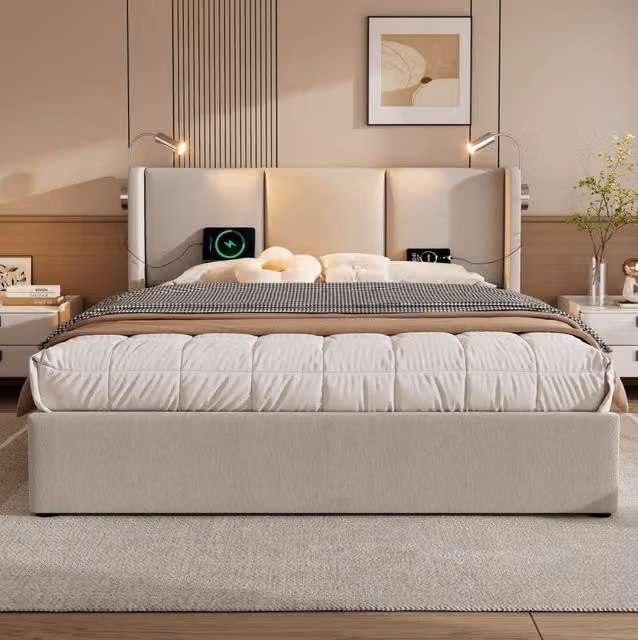 Letto matrimoniale 180x200 cm in lino beige con contenitore, per camera, senza materasso –