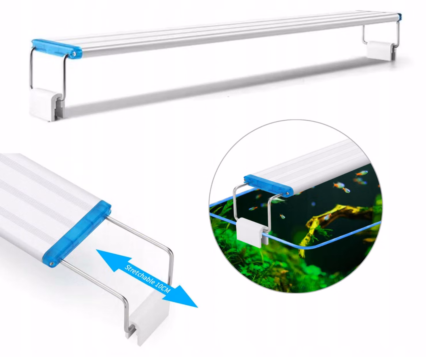 Lampada acquario LED 36 diodi 7000K, luce bianca naturale, supporto regolabile 30-42 cm, alimentazione 230V