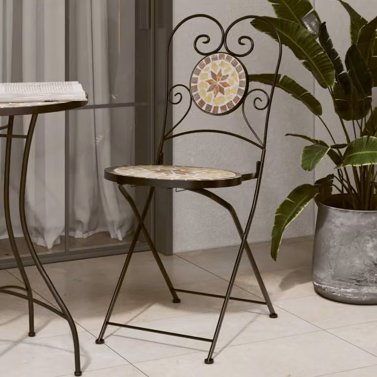 Set di 2 sedie pieghevoli vidaXL in metallo e ceramica per giardino e balcone, stile mediterraneo geometrico, multicolore (arancione e bianco)