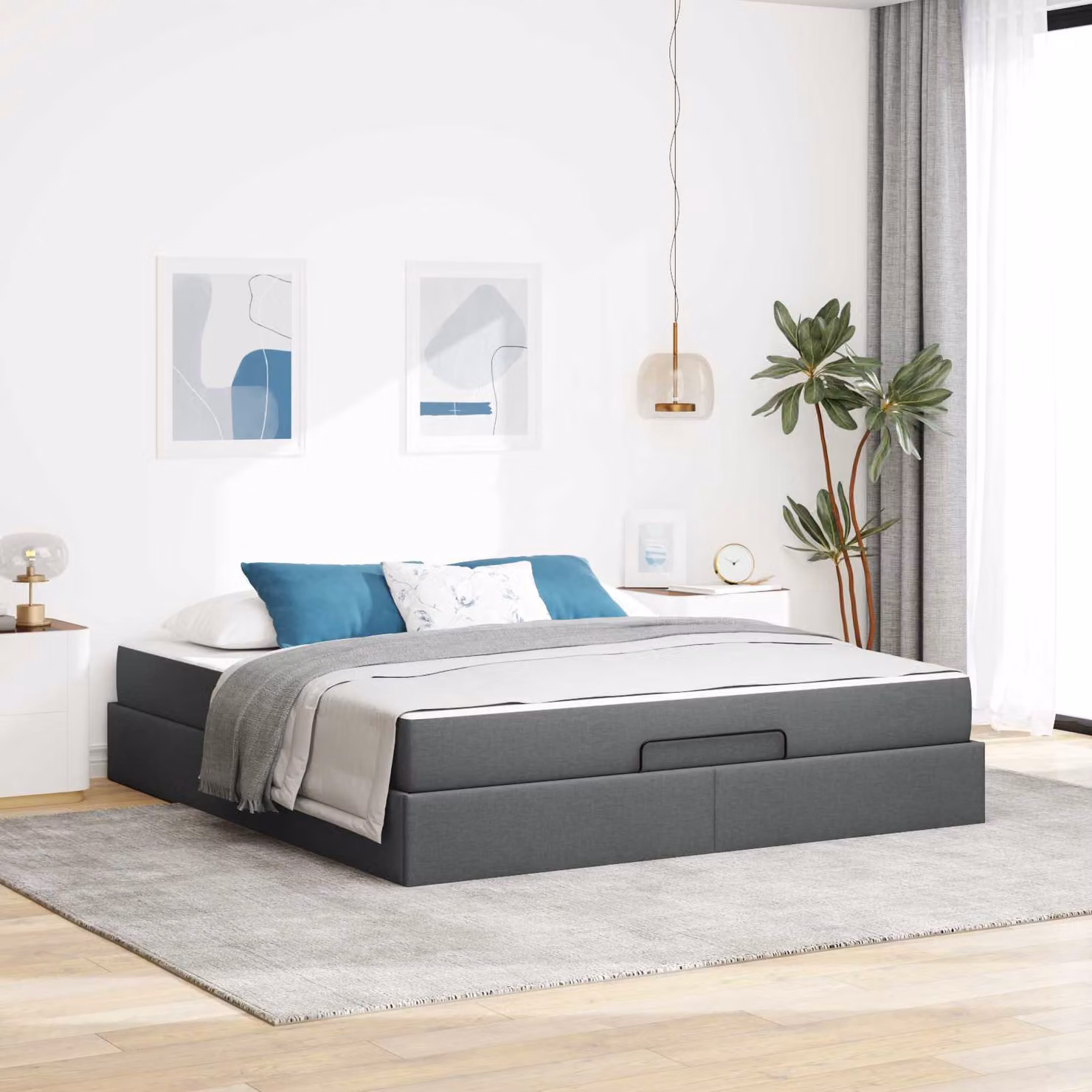 vidaXL Struttura letto con 2 materassi in tessuto e legno, Grigio, L: 180 cm x P: 200 cm x H: 43,5 cm – 1