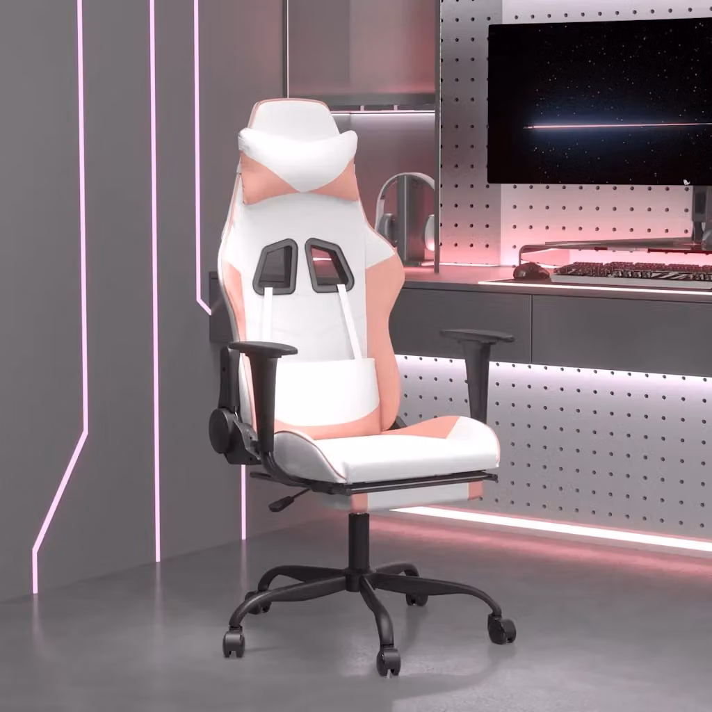 Sedia da Gaming Design In Bianco e Rosa in Similpelle con Poggiapiedi e Poggiatesta – 2