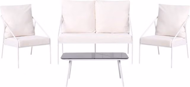 Set da giardino in metallo bianco con cuscini in cotone per 4 persone con rivestimenti sfoderabili Poltrone Divano Tavolino Moderno