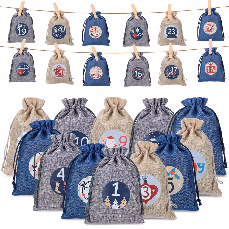 Calendario dell'Avvento da riempire, composto da 24 sacchetti di juta, disponibili in 3 colori, con clip