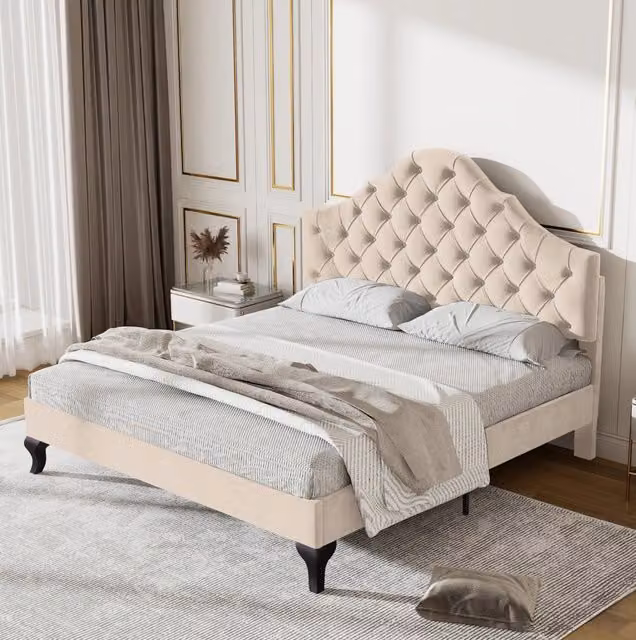 Letto imbottito 140x190 cm in velluto Off White con rete a doghe