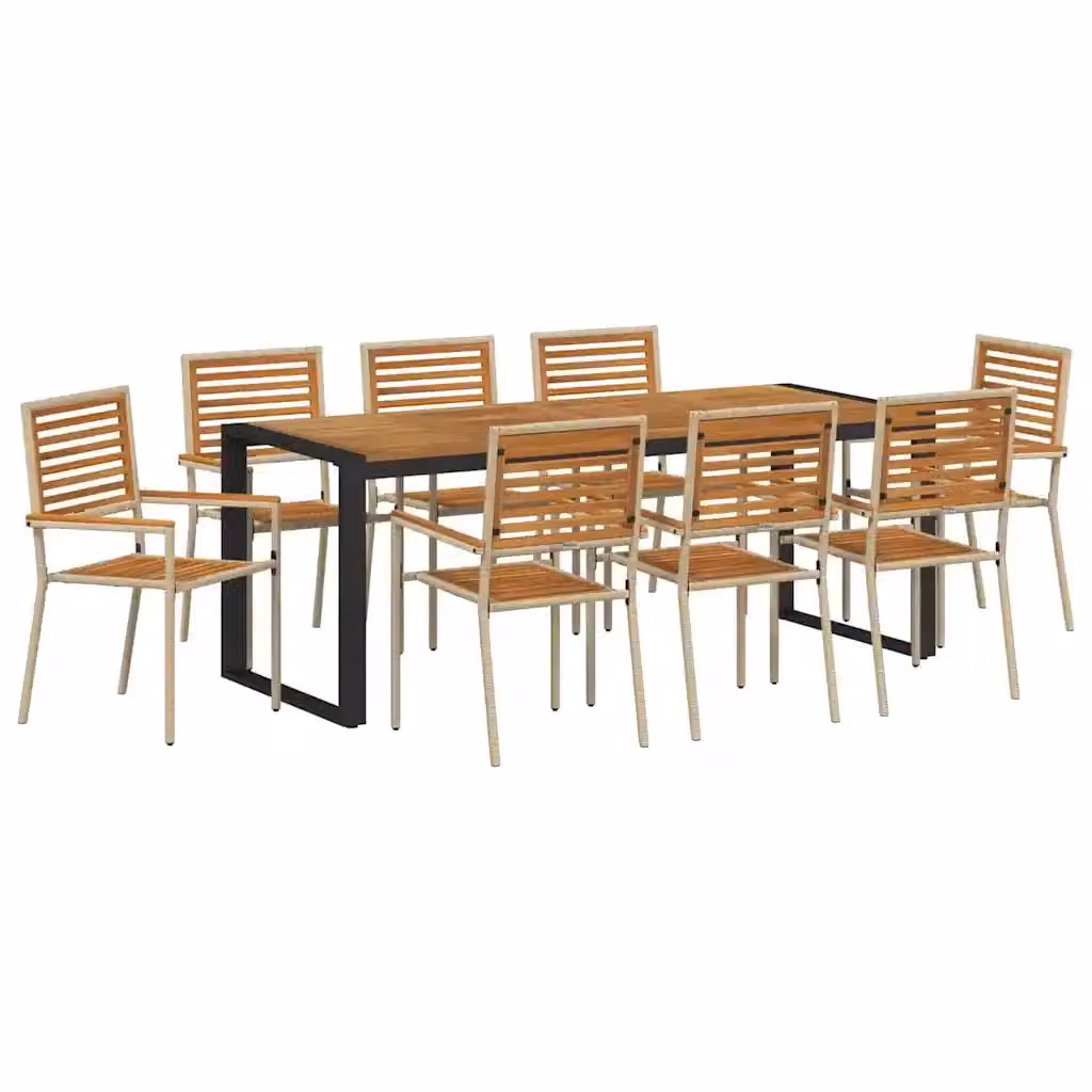 Set da pranzo per giardino e terrazzo vidaXL in polyrattan beige e marrone con tavolo in legno di acacia, 9 pezzi – 2