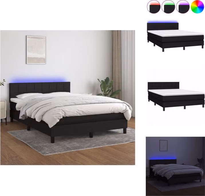 vidaXL Letto a molle con materasso e LED in tessuto nero 140x190 cm - Letti e strutture letto