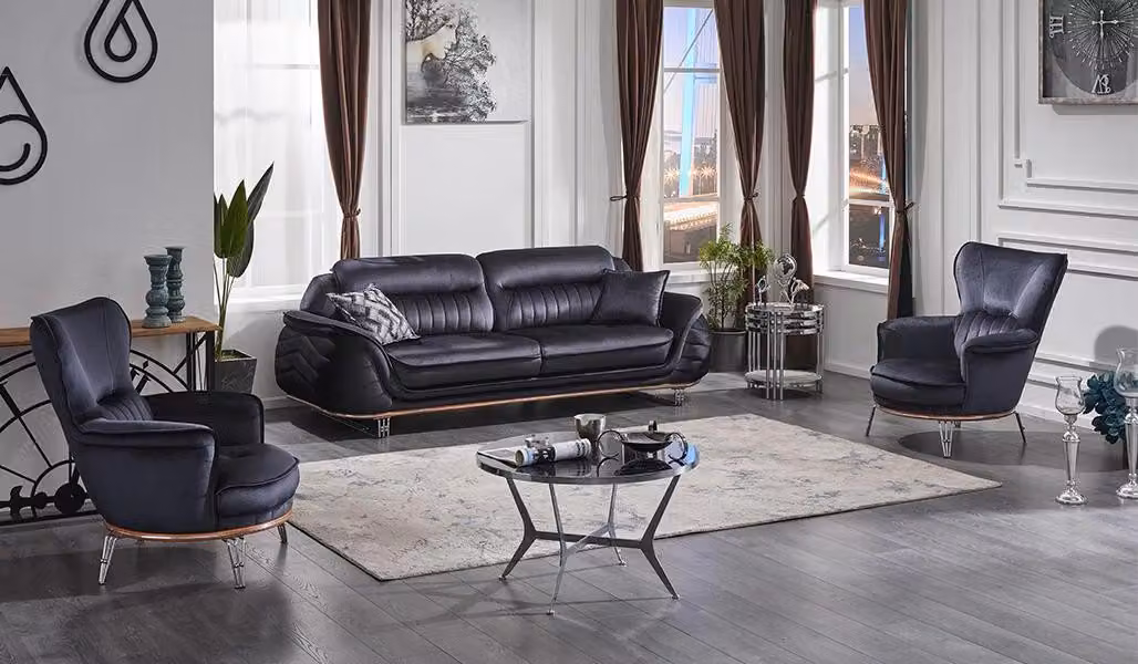 Komplett Sofas 3+1+1 Sitzer Wohnzimmer Schwarz Luxuriöse Sofagarnitur