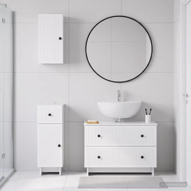 Set di mobili da bagno vidaXL EDE in 3 pezzi, bianco lucido, con mobile lavabo e pensili a muro