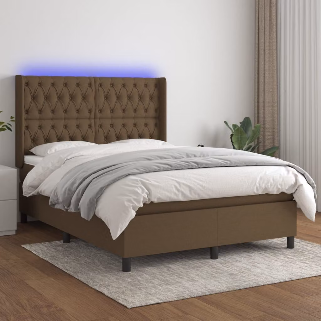 The Living Store Letto a molle con materasso e LED in tessuto marrone scuro 140x190 cm