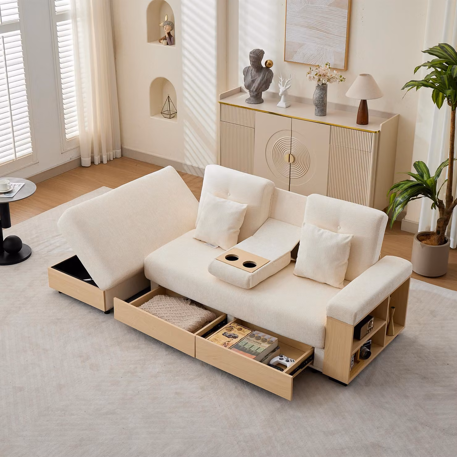 Divano componibile Merax con cassetti e spazio contenitivo, divano letto con schienale regolabile in 3 posizioni, rivestito in chenille, con portabicchieri, poggiapiedi contenitore, color beige