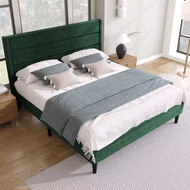 Letto matrimoniale OKWISH in velluto verde con testiera imbottita e struttura imbottita, L/P/H: 140 x 200 x 111 cm