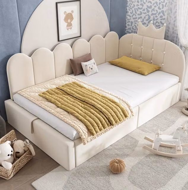 Letto da giorno ULEVR 90x200 cm con contenitore idraulico, design corona e griglia, velluto beige